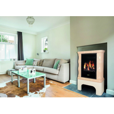 Volně stojící plynová krbová kachlová kamna Karma Art W ZP, s výkonem 5,0 kW, odtah spalin přes zeď, béžová