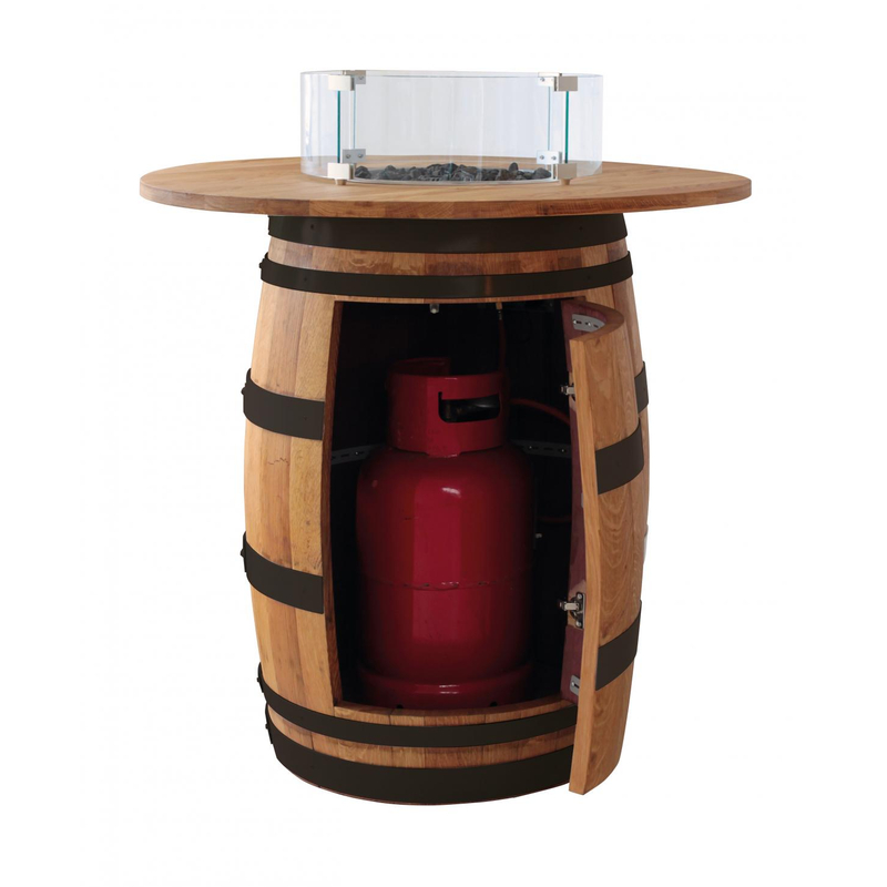Venkovní plynové ohniště Karma Barrique, barové provedení, dubový barikový sud