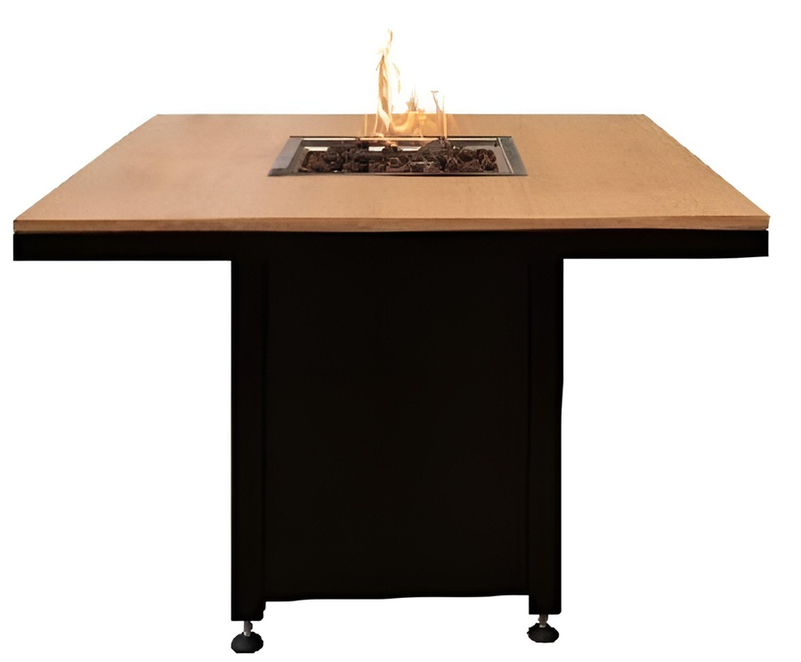 Venkovní plynové ohniště Karma Ruben Garden, čtvercové, stolní provedení, robustní podstavec z lakovaného kovu, deska z polyrey imitace dřeva