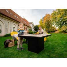 Venkovní plynové ohniště Karma Ruben Garden, čtvercové, stolní provedení, robustní podstavec z lakovaného kovu, deska z polyrey imitace dřeva