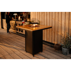 Venkovní plynové ohniště Karma Ruben Party, čtvercové, barové provedení, robustní podstavec z lakovaného kovu, dřevěná deska z masivu