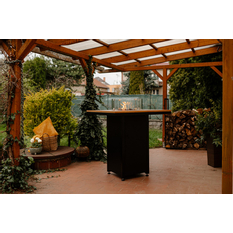 Venkovní plynové ohniště Karma Ruben Party, čtvercové, barové provedení, robustní podstavec z lakovaného kovu, dřevěná deska z masivu