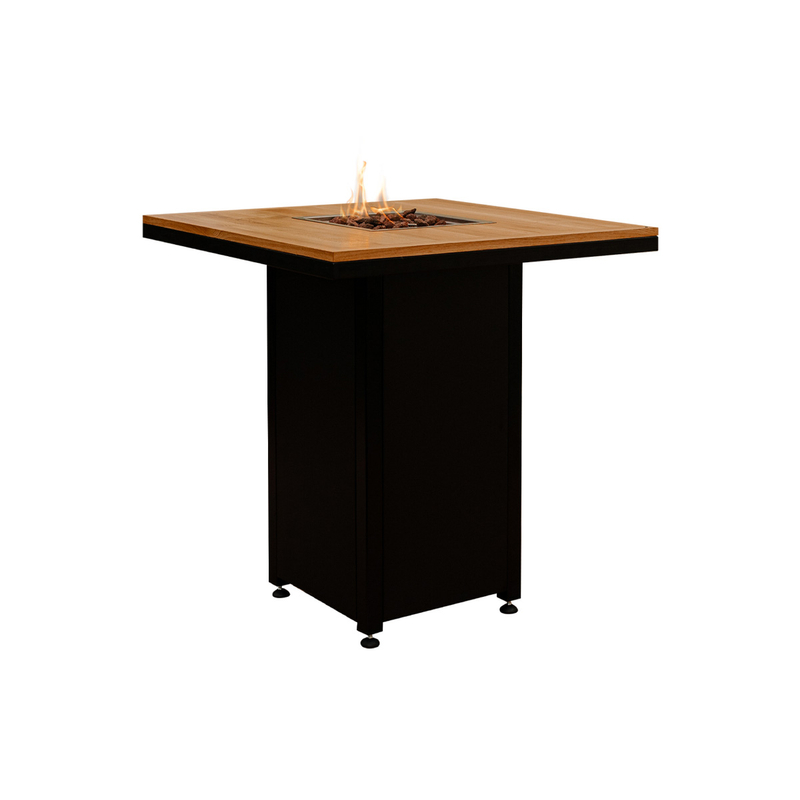 Venkovní plynové ohniště Karma Ruben Party, čtvercové, barové provedení, robustní podstavec z lakovaného kovu, deska z polyrey imitace dřeva