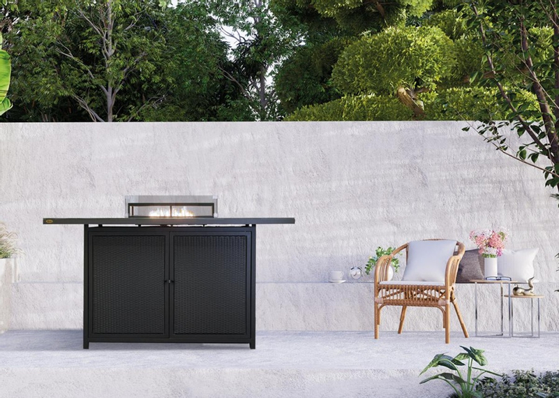 Venkovní plynové ohniště Karma Infinity MAX, obdélník, barové provedení, umělý ratan tmavě hnědý