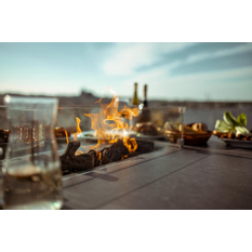 Venkovní plynové ohniště Karma Infinity MAX, obdélník, barové provedení, umělý ratan tmavě hnědý