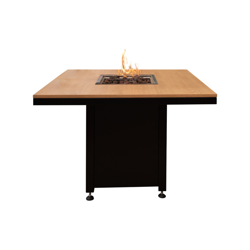 Venkovní plynové ohniště Karma Ruben Garden, čtvercové, stolní provedení, robustní podstavec z lakovaného kovu, dřevěná deska z masivu