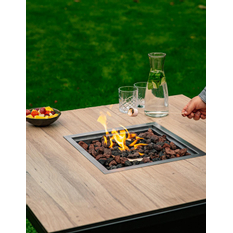 Venkovní plynové ohniště Karma Ruben Garden, čtvercové, stolní provedení, robustní podstavec z lakovaného kovu, dřevěná deska z masivu