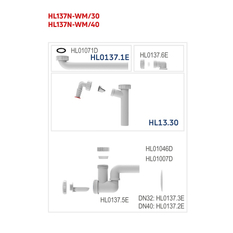 Umyvadlová zápachová uzávěrka do nábytku s ležatým odtokem HL Hutterer & Lechner, DN32x5/4˝ s přípojkou pro pračku a otáčivým ramenem odtoku˝