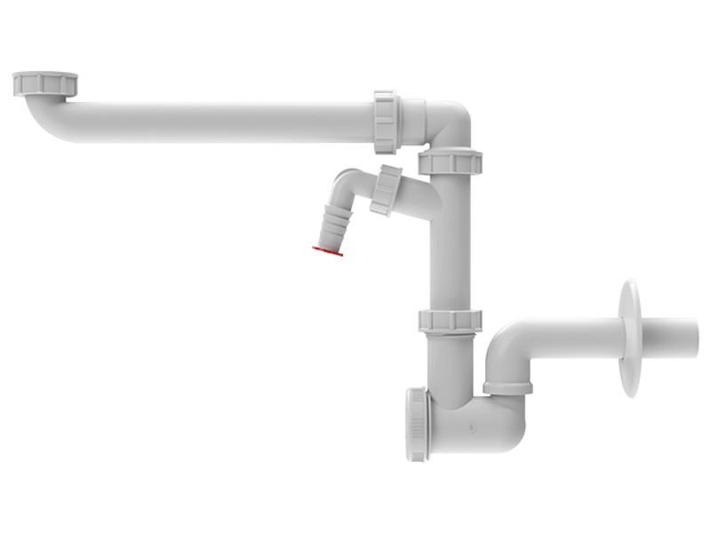 Umyvadlová zápachová uzávěrka do nábytku s ležatým odtokem HL Hutterer & Lechner, DN40x5/4˝ s přípojkou pro pračku a otáčivým ramenem odtoku˝