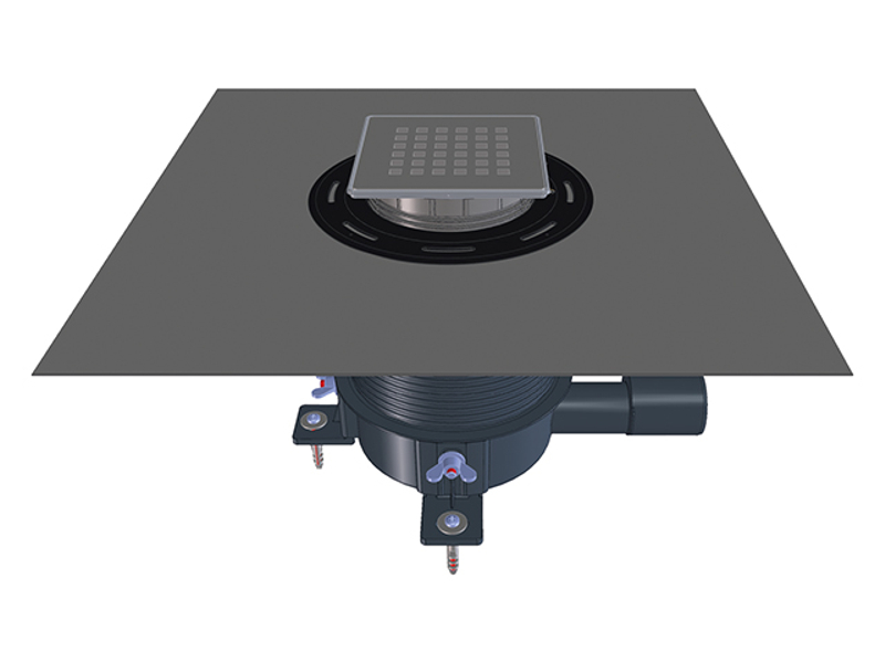 Sprchová vpust HL Hutterer & Lechner, DN40/50 s ležatým odtokem, ZU Primus Blue, výškově upravitelná, s izolační soupravou na stěr. izolace, nerez 121x121/ s mřížkou ˝Quadra˝ 115x115mm. Odpovídá normě ČSN EN 1253-8.